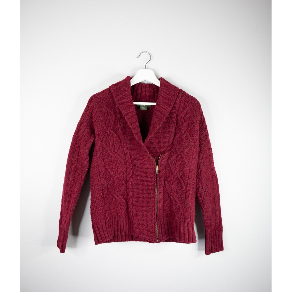 Eddie Bauer Cable Knit Shawl Collar Cardigan Womens L Red Asymmetric wool‎ blend